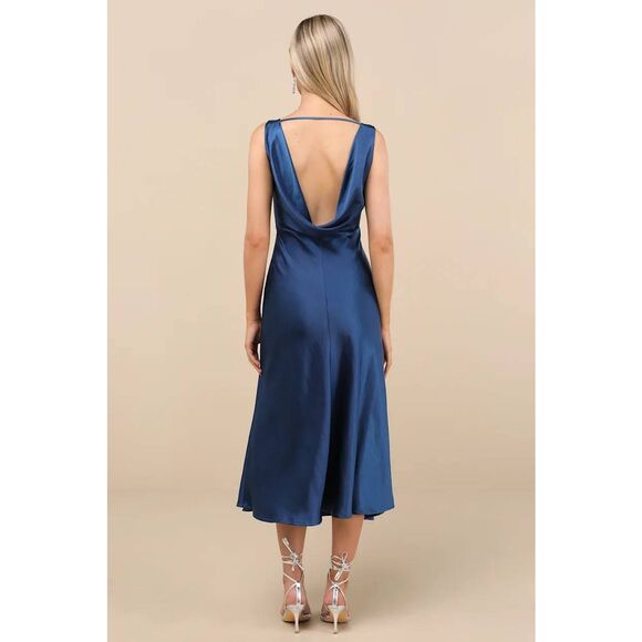 NWT Lulus Incredible Love Navy Blue Satin Cowl Back Midi Slip Dress Size Large - Picture 3 of 7
